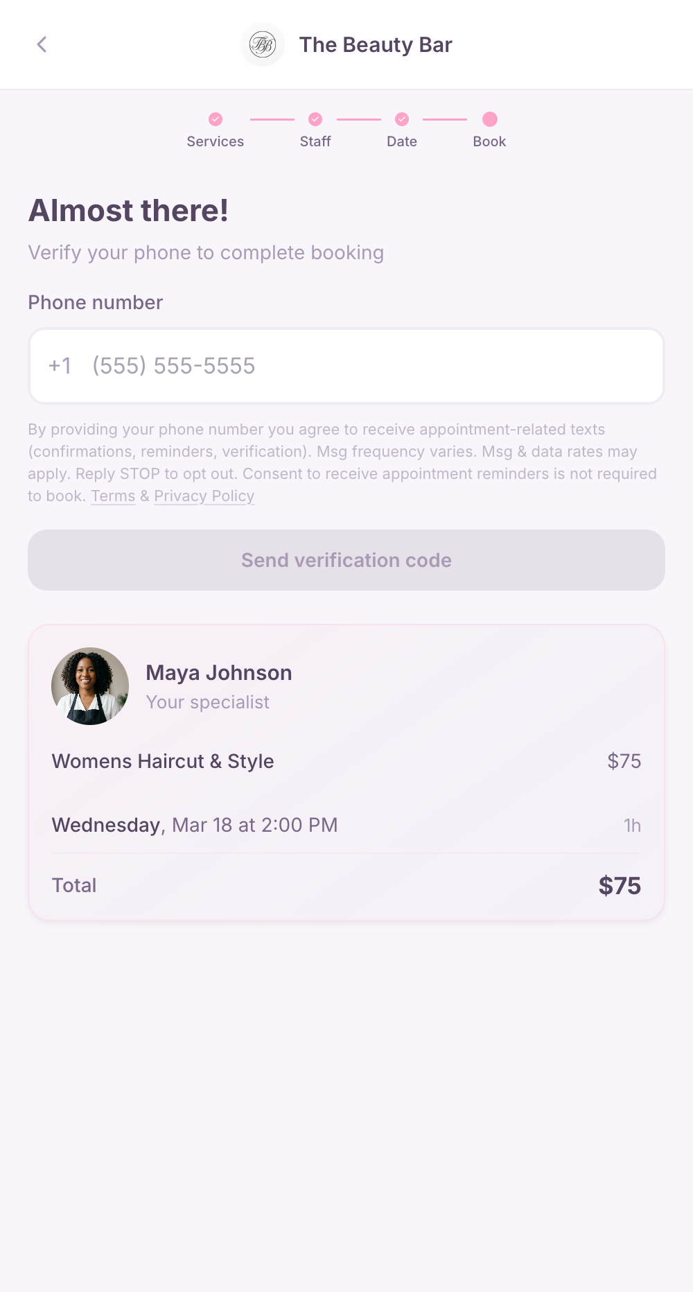 Screenshot of the SMS consent disclosure shown during the booking checkout phone verification step
